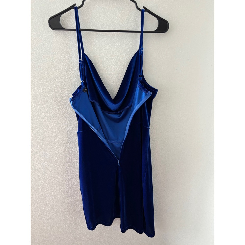 Royal Blue Velvet Cowl Neck Mini Dress Ruched Asymmetrical Tulip Hem Cocktail